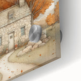 Large abstract wall art depicting autumn trees in warm orange and red tones on acrylic glass.