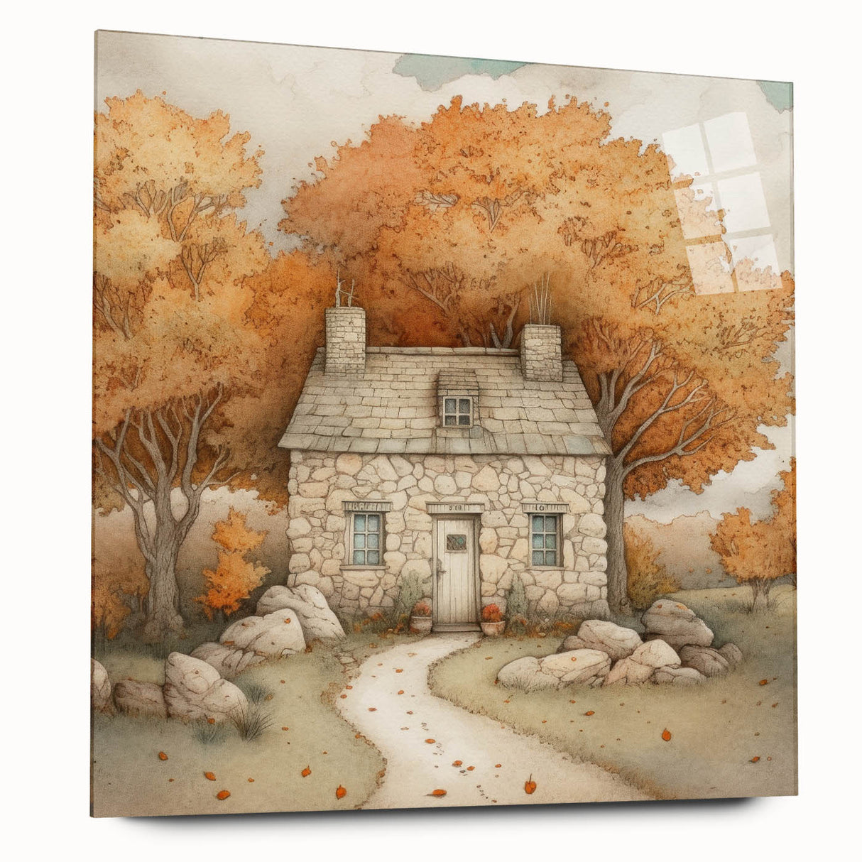 Large abstract wall art featuring mid-century modernist style in autumn hues on acrylic glass, ideal for dining room decor.