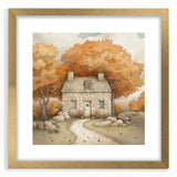 Extra large abstract art print with textured autumnal hues on a gold framed canvas, ideal for living room decor.