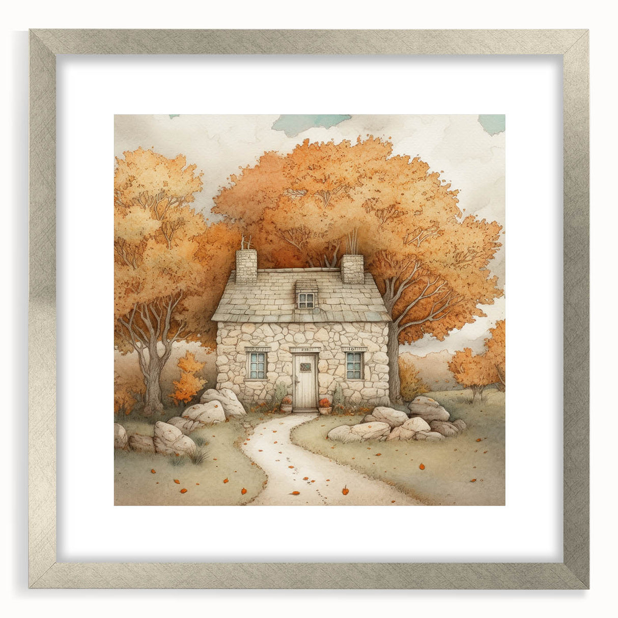 Textured abstract art print in orange and brown tones, framed in silver, ideal for bedroom wall decor.