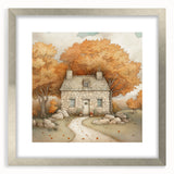 Textured abstract art print in orange and brown tones, framed in silver, ideal for bedroom wall decor.