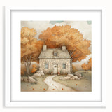 Abstract art print depicting fall foliage in orange and yellow tones on a white framed canvas.