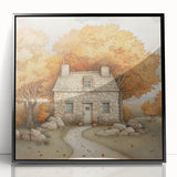 Large abstract wall art featuring autumnal colors on acrylic, framed in black, suited for modern living room decor.