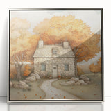 Mid-century modernist art depicting an abstract fall landscape in warm orange and brown tones, framed in silver acrylic.