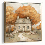 Framed canvas depicting a vintage landscape painting with autumnal trees in silver and gold tones.