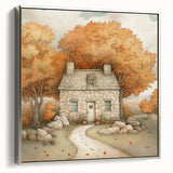 Framed canvas depicting a vintage landscape painting with autumnal trees in vibrant colors, ideal for living room decor.