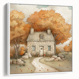 Vintage poster art of a colorful autumn scene on a large framed canvas, ideal for living room decor.