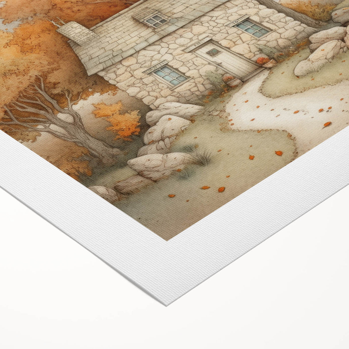 Art deco poster of an autumnal scene with warm orange and brown tones on rolled canvas, suitable for dining room walls.