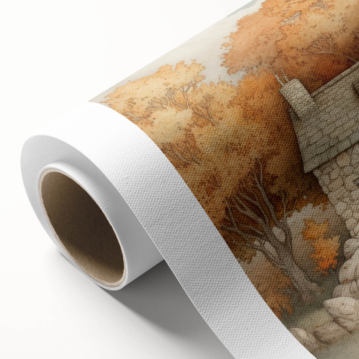 Art Deco poster featuring stylized fall trees in warm orange and brown tones on rolled canvas, ideal for nursery wall art.
