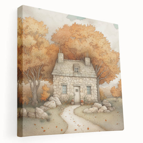 Autumn-themed abstract painting in warm orange and red tones on a stretched canvas, suitable for kitchen wall art.
