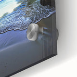 Close-up of an acrylic glass artwork showcasing a vibrant landscape with caves, featuring rich textures and earthy tones, ideal for home decor or art collectors.