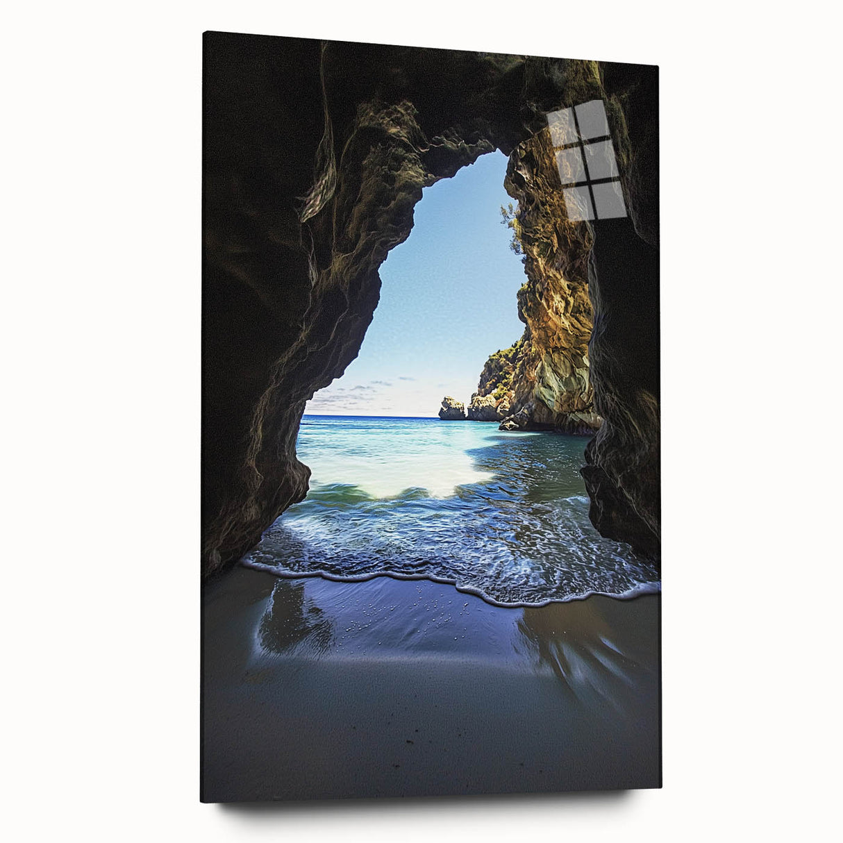 Acrylic landscape artwork depicting a serene cave scene, showcasing vibrant colors and intricate details, displayed in a stylish glass frame without pins.