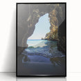 Framed acrylic artwork showcasing a stunning landscape of caves, featuring rich colors and intricate details, presented in a sleek black frame for modern decor.