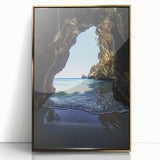 Framed acrylic artwork showcasing a stunning landscape with intricate cave details, featuring a gold frame that enhances its elegance, perfect for home decor.