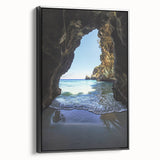 Framed canvas artwork depicting a stunning landscape with caves, featuring a sleek black side view. Ideal for modern decor and nature enthusiasts.