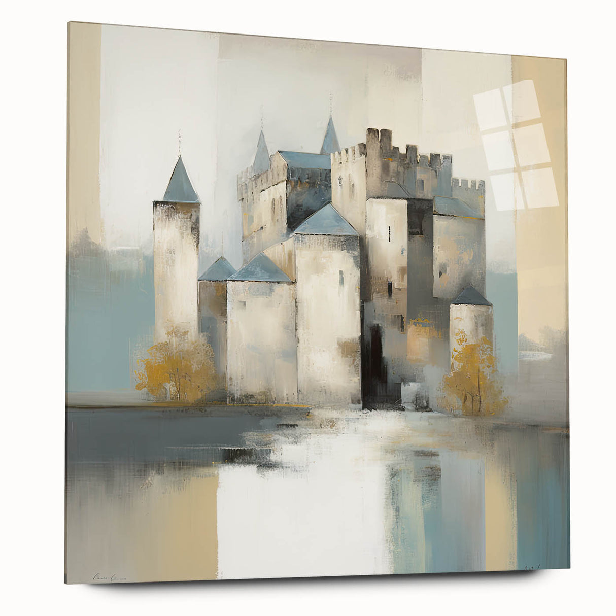 Abstract architectural wall art displayed in a sleek acrylic glass frame, showcasing intricate geometric patterns and vibrant colors, perfect for modern decor.