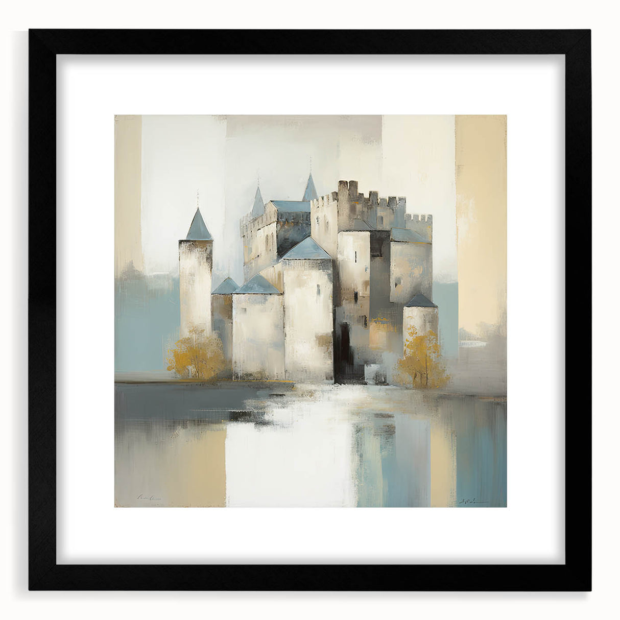 Abstract architectural wall art framed in black with a white mat, showcasing geometric shapes and lines, perfect for modern home decor.