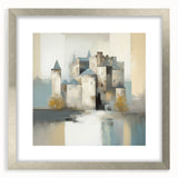 Abstract architecture wall art design featuring geometric shapes in muted colors, framed with a silver mat, perfect for modern home decor.