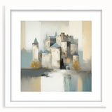 Abstract architectural wall art framed in white with a matte finish, showcasing geometric shapes and lines, perfect for modern home decor.