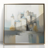 Framed abstract architecture wall art in gold accents, showcasing a modern design with geometric shapes against a sleek acrylic backdrop, ideal for contemporary decor.