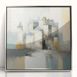 Framed abstract architecture wall art in silver-acrylic, showcasing intricate geometric patterns. Ideal for modern home decor, adding elegance and depth to any space.
