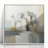 Framed acrylic wall art depicting abstract architecture with geometric shapes in white and subtle gray tones, perfect for modern home decor.