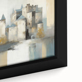 Abstract architectural wall art featuring intricate geometric patterns and vibrant colors, showcased in a sleek black frame, ideal for modern decor.