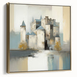Framed abstract architecture wall art featuring silver and gold tones, showcasing geometric shapes and modern design elements, perfect for contemporary home decor.