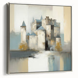 Framed abstract architecture wall art in silver, showcasing geometric shapes and vibrant colors, perfect for modern home decor and artistic interiors.