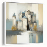 Framed abstract architecture wall art in a sleek white design, showcasing geometric shapes and lines, perfect for modern home decor. This side view highlights the canvas texture and elegant framing, making it an ideal statement piece for contemporary interiors.