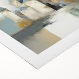 Abstract architectural wall art on rolled canvas, showcasing geometric shapes in vibrant blue, orange, and yellow colors; ideal for modern home decor.