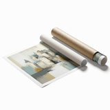 Abstract architectural wall art print showcasing geometric shapes and vibrant colors, rolled and ready for display, perfect for modern interior decor.