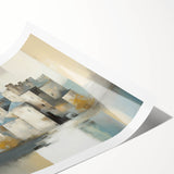 Abstract architecture wall art print showcasing vibrant geometric shapes and lines in shades of blue, orange, and white, rolled and ready for display.