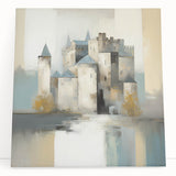 Abstract architecture wall art on stretched canvas featuring bold geometric shapes in vibrant colors, leaning against a textured wall, ideal for modern decor.