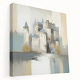 Abstract architectural wall art on stretched canvas showcasing geometric shapes in muted tones of blue and gray, designed to enhance modern interior spaces.