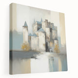 Abstract architectural wall art on stretched canvas showcasing geometric shapes in muted tones of blue and gray, designed to enhance modern interior spaces.