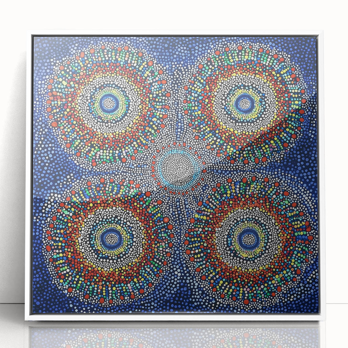Abstract geometric framed acrylic art piece with a white background, showcasing vibrant colors and sharp angles, perfect for modern home decor and artistic expression.