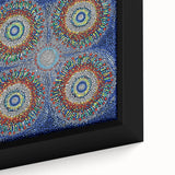 Abstract geometric framed canvas artwork featuring vibrant colors and intricate shapes, ideal for modern home decor or artistic spaces. Close-up details highlight the texture and design elements, enhancing visual appeal.