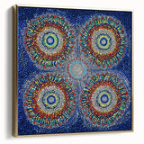 Abstract geometric framed canvas artwork in silver and gold tones, showcasing a modern design with intricate patterns, ideal for contemporary home decor. This stylish piece enhances any wall space with its elegant aesthetic, drawing attention to its unique geometric shapes and color contrast.