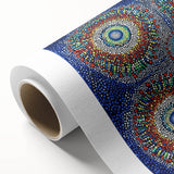 Abstract geometric rolled canvas artwork showcasing vibrant colors and intricate patterns, elegantly packaged in a protective cardboard tube for safe delivery.