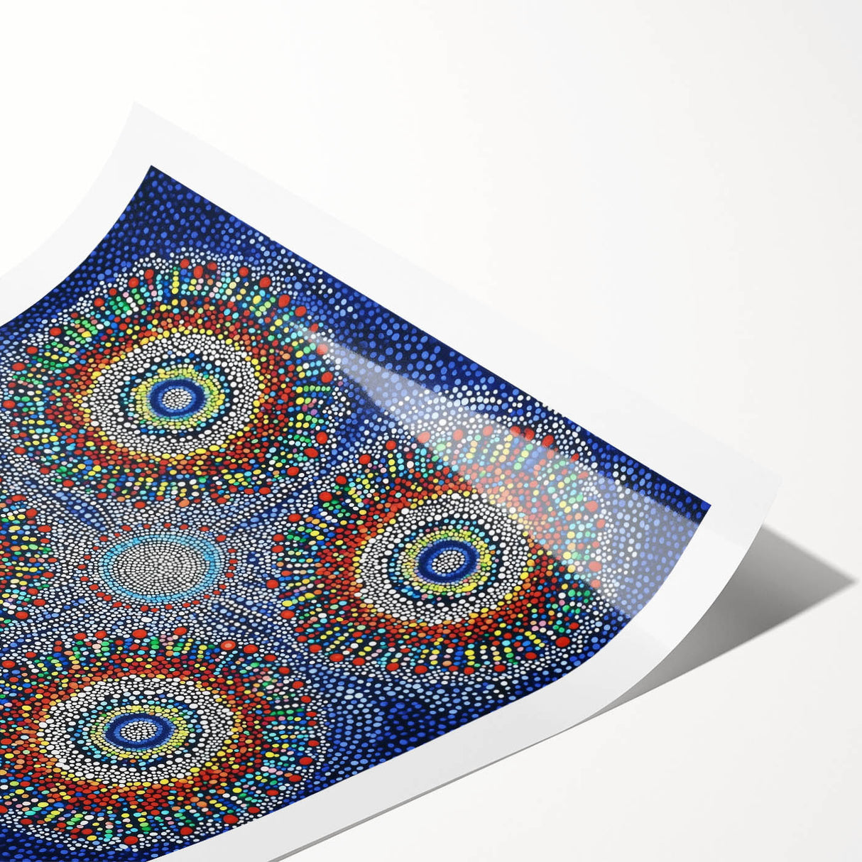 Abstract geometric rolled print showcasing vibrant colors and intricate shapes, elegantly packaged in a protective cardboard tube for easy transport and display. Perfect for modern home decor enthusiasts seeking unique wall art.