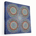 Abstract geometric stretched canvas artwork displayed from a side view, featuring vibrant colors and intricate patterns, perfect for modern home decor.
