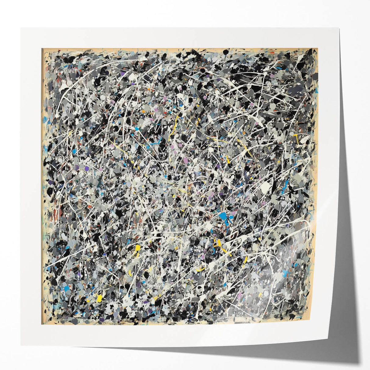 Colorful abstract splatter art print on glossy canvas, showcasing vibrant hues of blue, pink, and yellow. Ideal for modern home decor or gallery displays.
