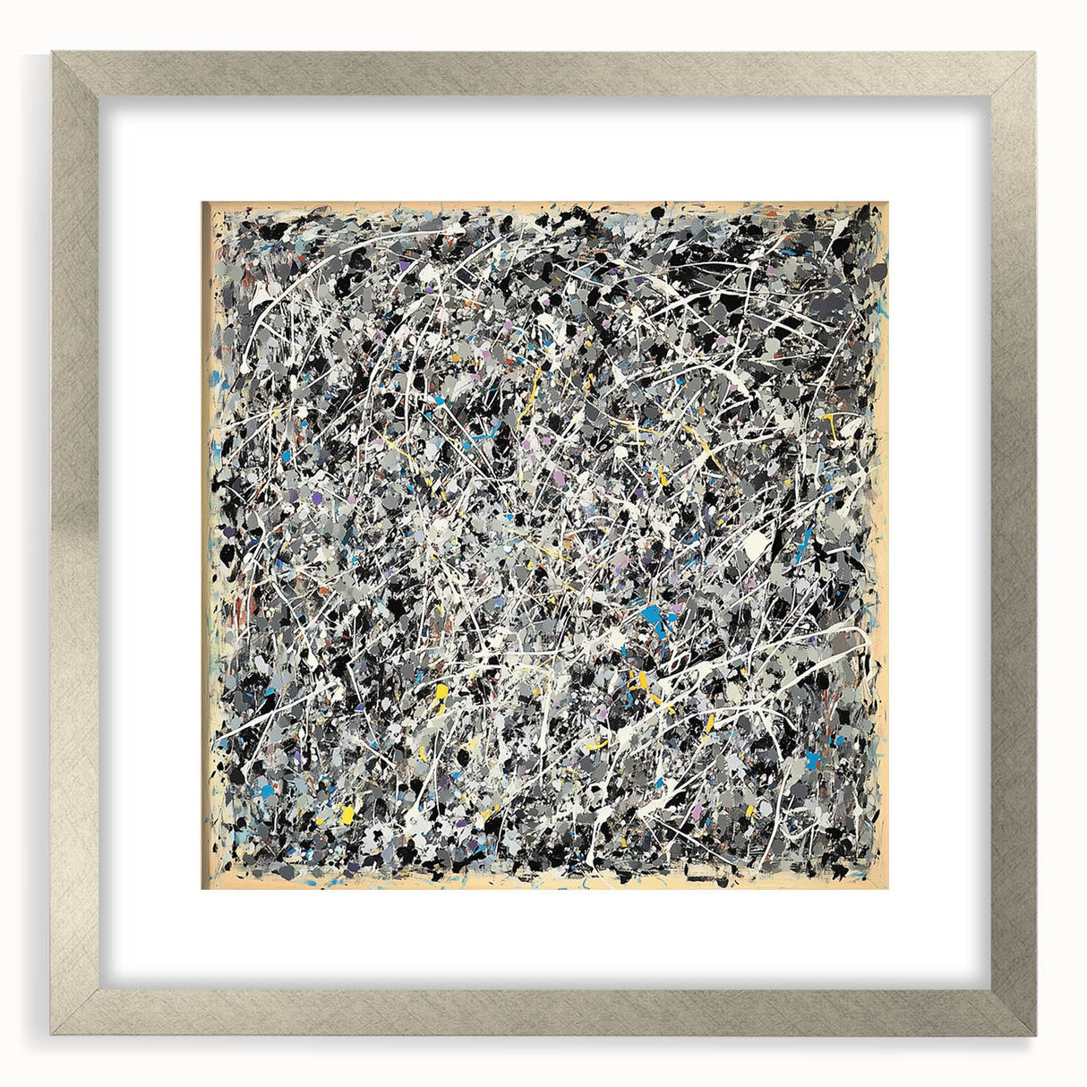 Abstract splatter art frame showcasing vibrant colors of blue, pink, and gold, set against a sleek silver mat, ideal for modern home decor aesthetics.