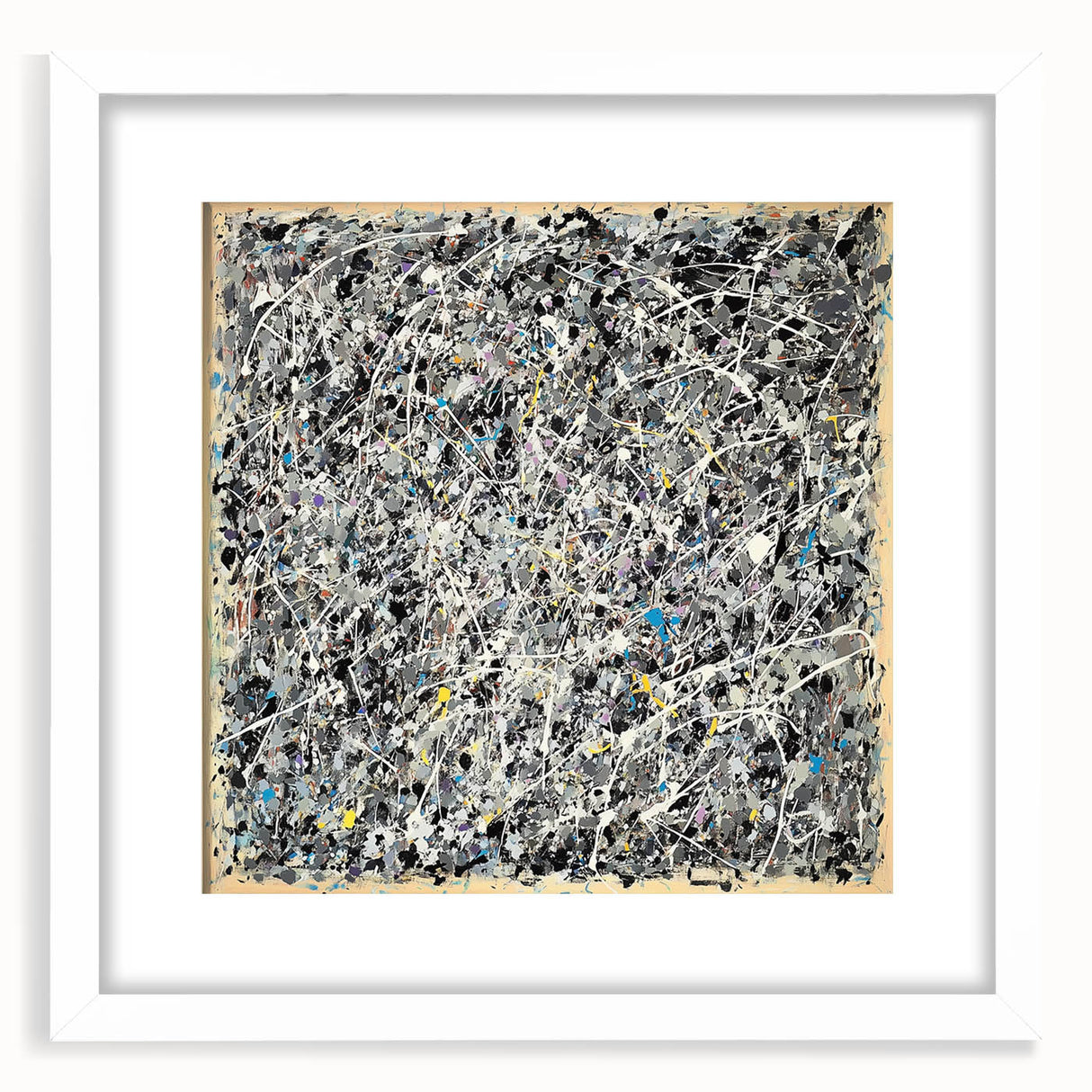 Abstract splatter art frame with a white mat, showcasing vibrant paint splashes in blue, pink, and yellow, ideal for modern home decor or gallery displays.