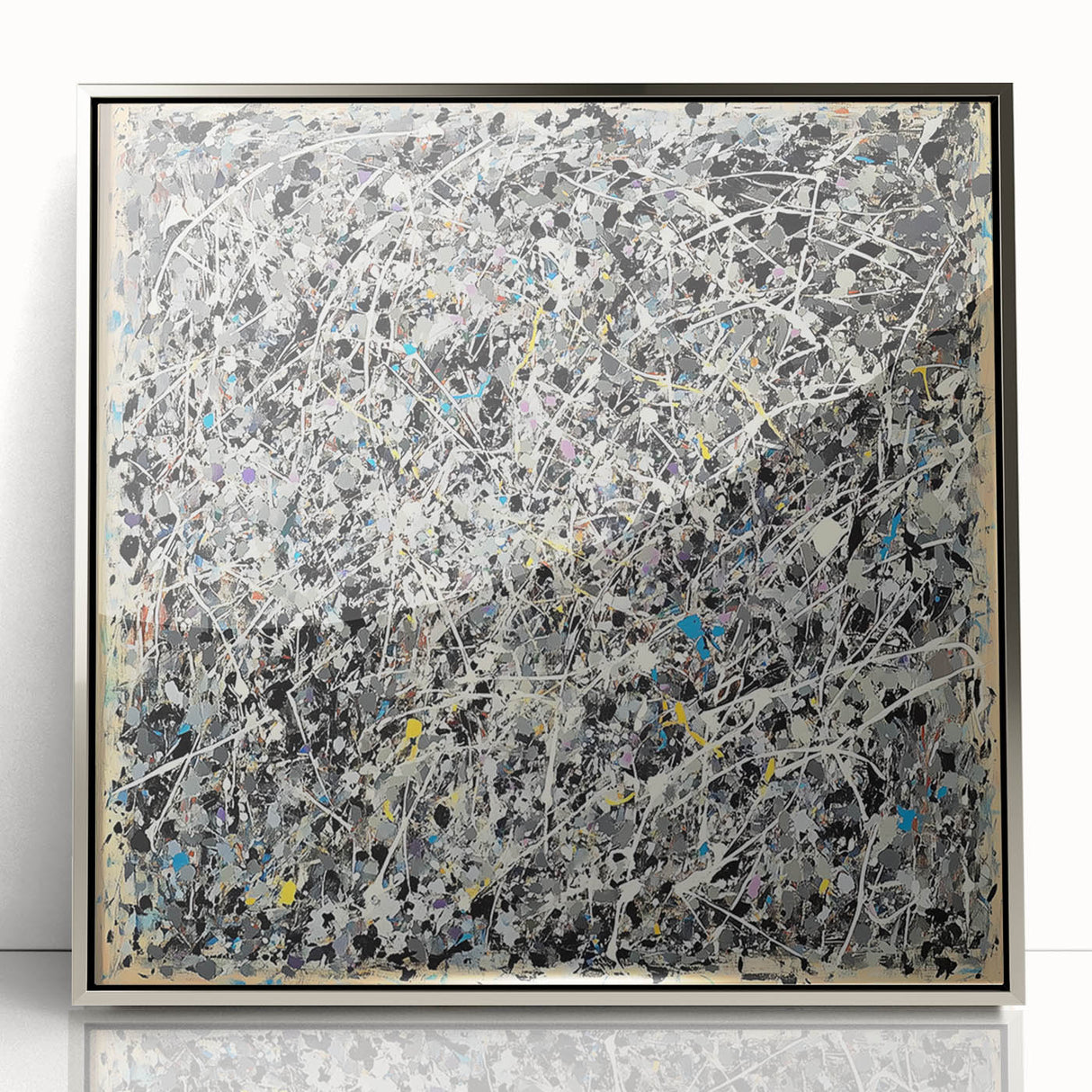 Framed acrylic artwork showcasing abstract silver splatters on a textured background, ideal for modern home decor, adding elegance to any space.
