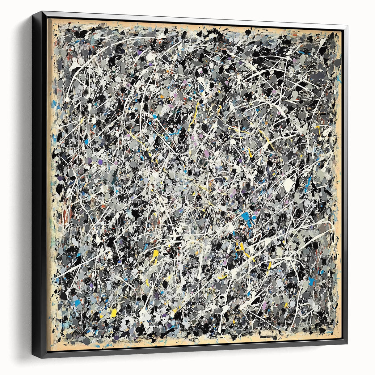 Framed canvas artwork showcasing abstract splatters in vibrant colors, set against a sleek black frame, perfect for modern home decor and artistic ambiance.