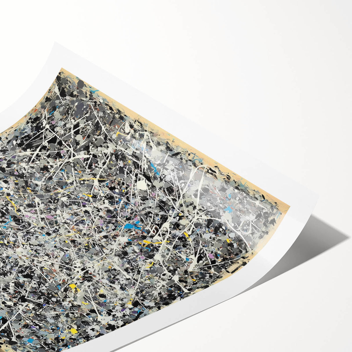 Abstract splatter art print showcasing vibrant colors and dynamic patterns on a rolled canvas, ideal for modern home decor, packaged securely in a protective tube.