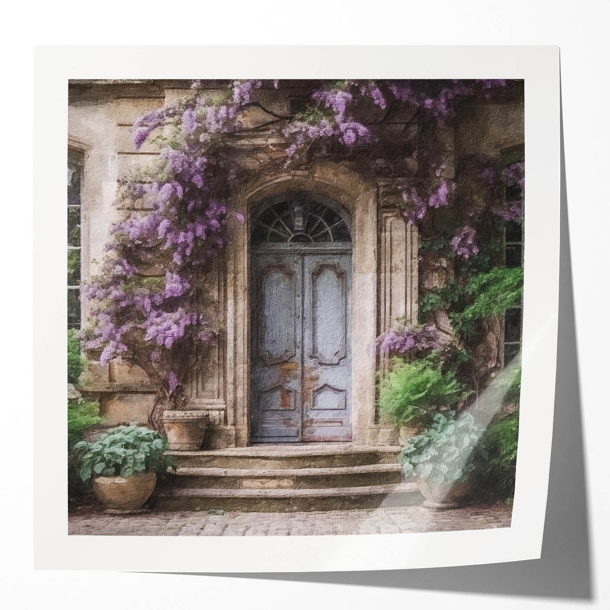 Extra large wall art featuring a detailed floral design on a French door, printed on glossy photo paper.