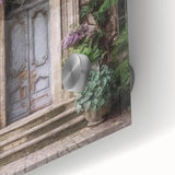 Close-up of a French door in mid-century modernist style on acrylic glass, featuring muted gray tones.